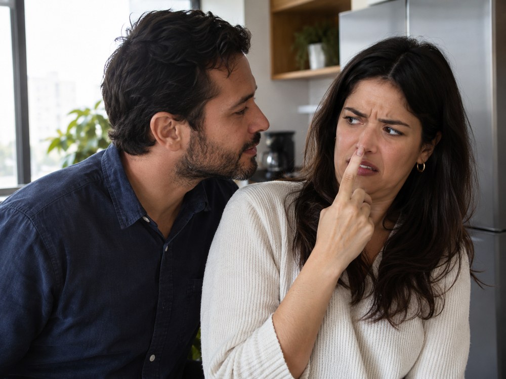 Mulher leva o dedo ao nariz enquanto o homem fala